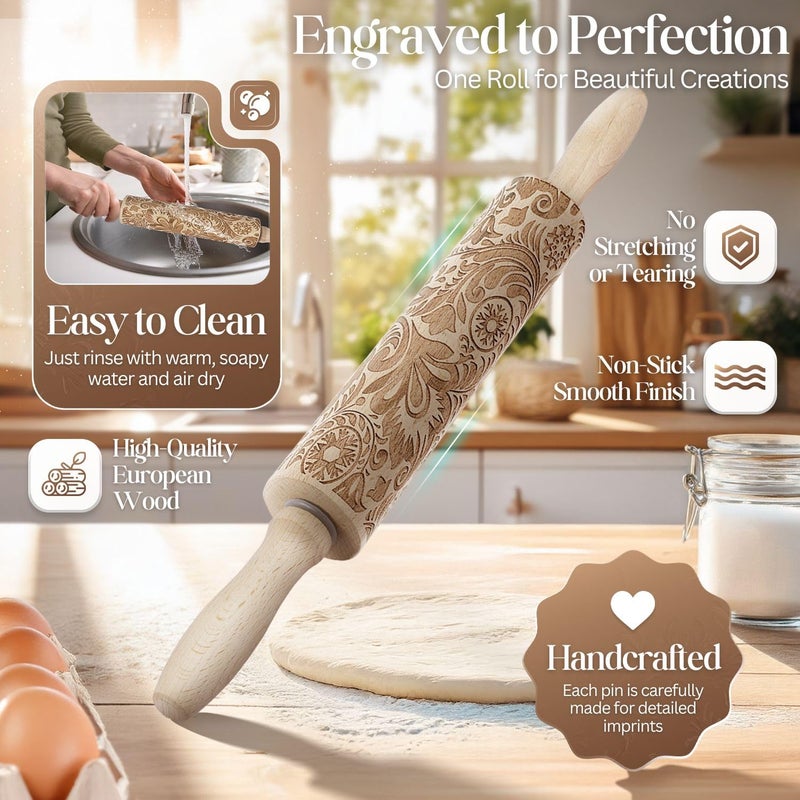 Flexzion Embossed Rolling Pins with Patterns for Baking, 7.7-inch Engraved Wooden Rolling Pin with Snowflake Flower Pattern Rolling Pin for Baking Pastry Pizza Dough Fondant Cookie Pie Crust Pasta - Image 3